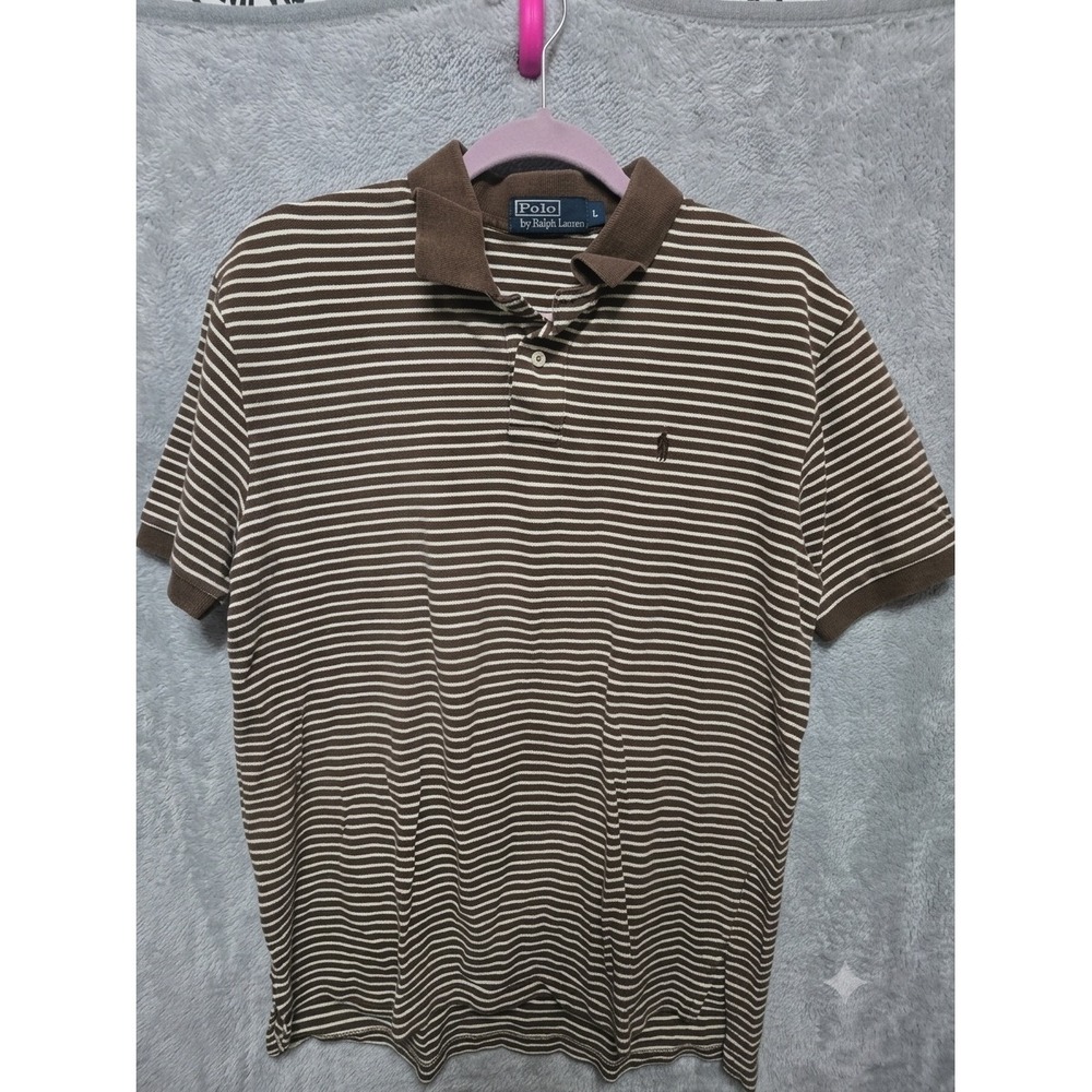 Polo Ralph Lauren Mens Large Brown White Striped Short Sleeve Pique Polo Shirt